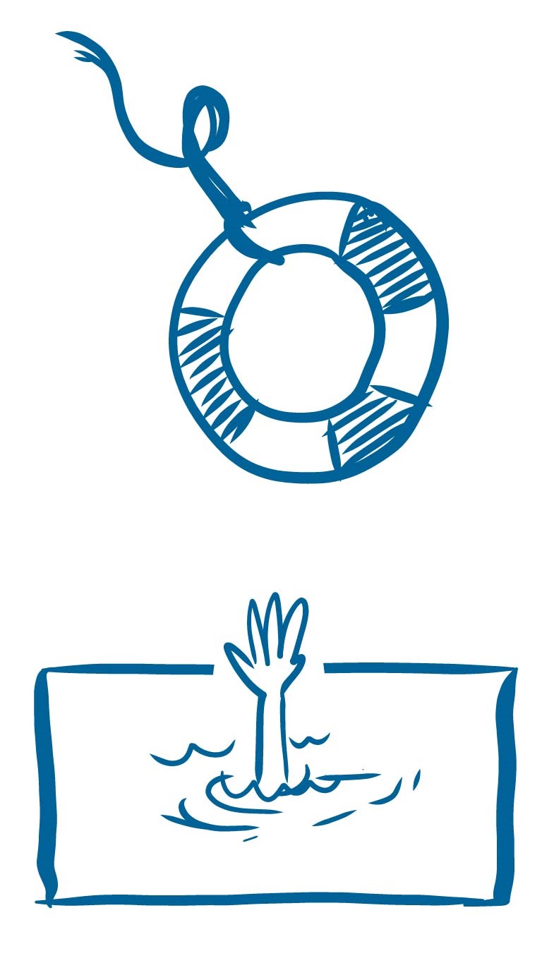 Hand outstretched from water reaching for a life preserver that is mid-air