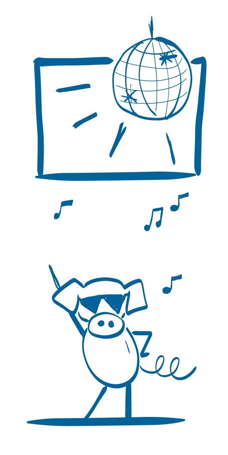 A drawing of a pig on a dance floor under a reflective disco ball