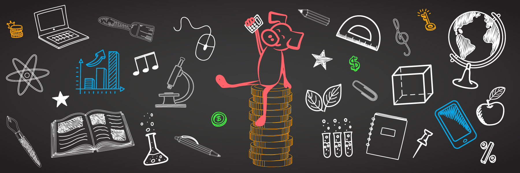 A happy pig on a pile of coins, holding up a calculator, surrounded by different academic and financial icons